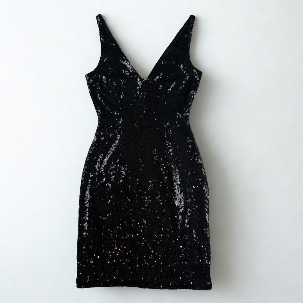 Lulus Sequin‎ Mini Dress Womens XS Black V-Neck Bodycon Sleeveless Sparkly Chic